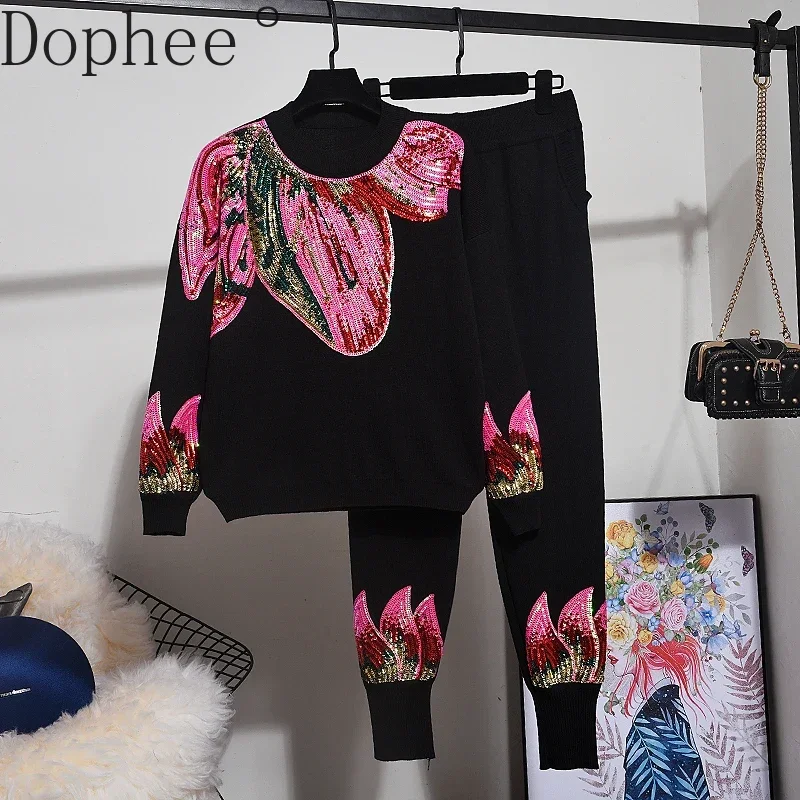 High Quality Autumn Women Two-piece Sets Embroidery Sequins Loose Sweater Knitted Pullovers Top + Casual Sports Pants Suits