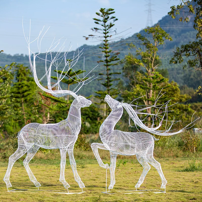 

Outdoor wrought iron stainless steel hollow sika deer sculpture community garden lawn decoration luminous animal metal ornament