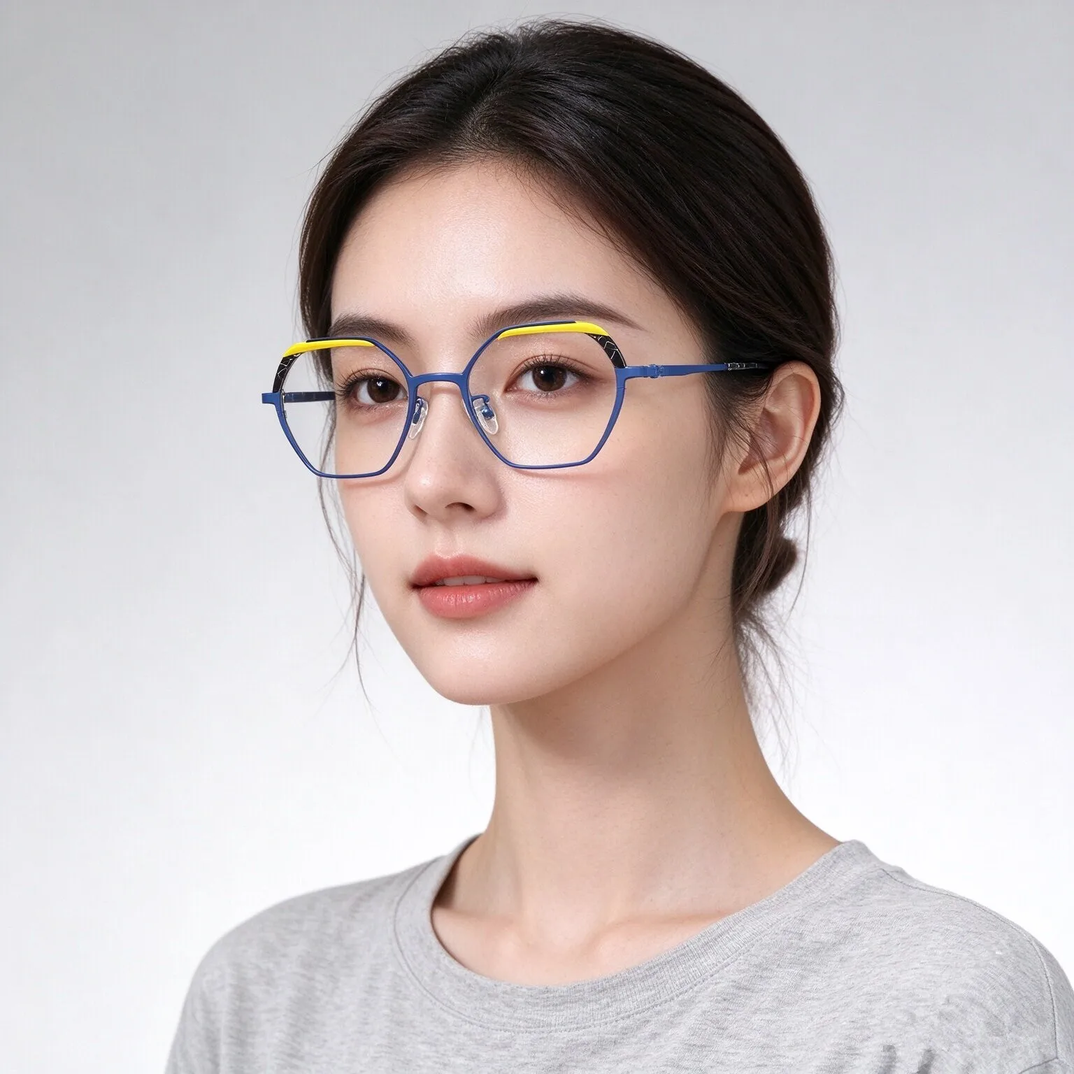 Unisex Polygon Optical Eyeglass Frames, Color Block Blue Yellow Metal Prescription Spectacle Frame, Clear Demo Lens Fashion Glas