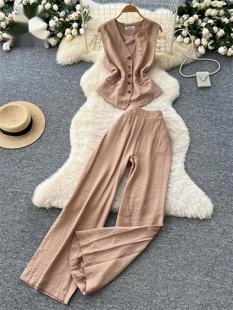 

Vintage Solid Two Piece Suits V Neck Single Breasted Slim Tops+High Waist Long Pants Summer England Styles OL Sets