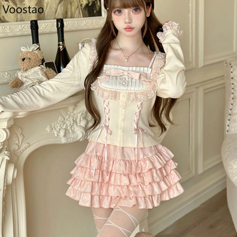 Sweet Cute Lolita Princess Skirt Sets Autumn New Bow Lace Splicing Long Sleeve Slim Tops Kawaii Cake Skirt Two Piece Set Women