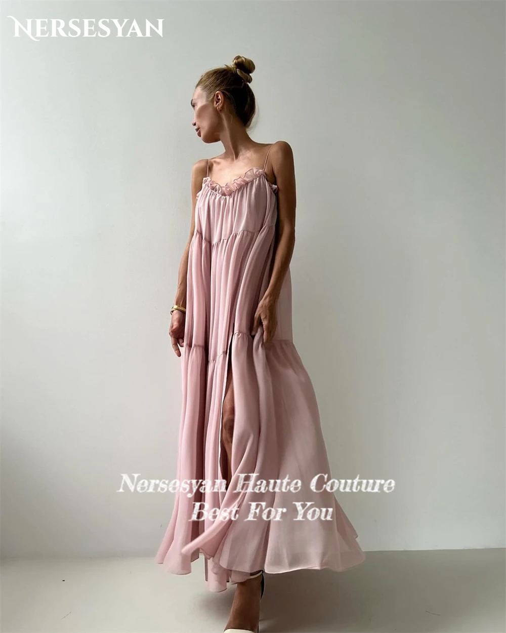 Nersesyan Pink Elegant Formal Evening Dresses Ruched V-Neck Spaghetti Straps Prom Dress Backless Side Slit Sleeveless Party Gown