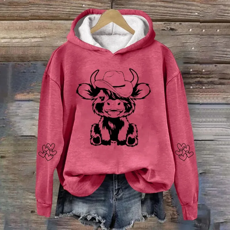 Cow Sweatshirts for Women Cute Cow Sweatshirt for Women Western Cow Print Shirt Country Western Casual Hooded Pullover Pink