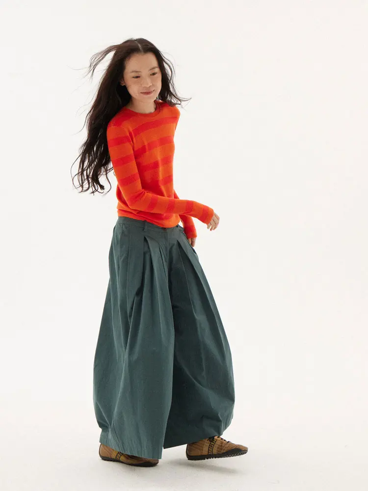 Orange Stripe Knitted round Neck Women's T-shirt Slim Fit Base Layer Shirt Spring Season French Style Commute Daily Wear