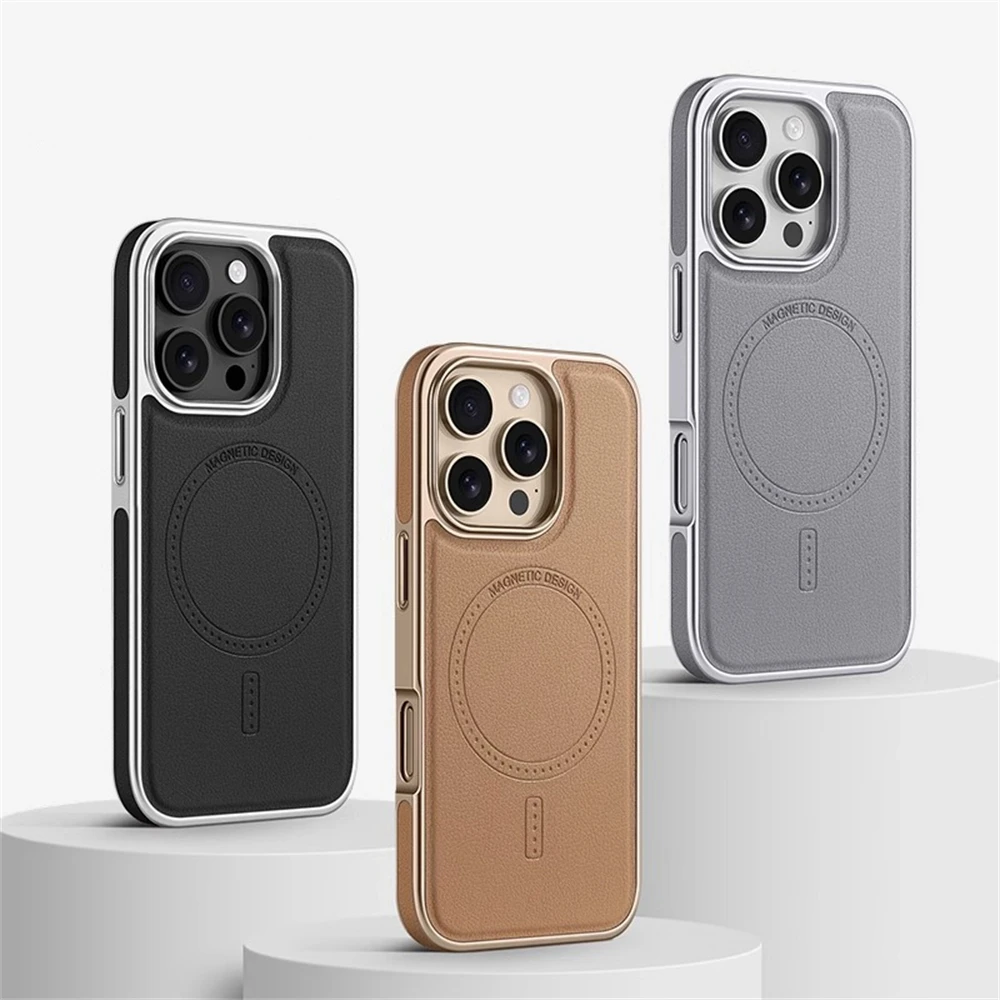 

Luxury Leather Magnetic Case For Apple 16 15 14 13 Pro Max Electroplated Leather Patchwork Bezel Business Magsafe Leather Case
