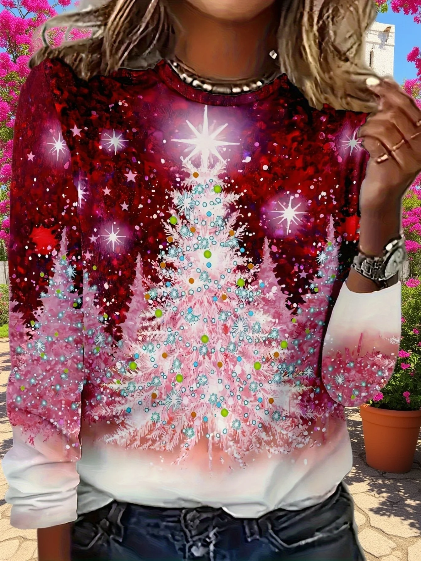 Camiseta de manga larga con cuello redondo para mujer, color rosa, con estampado de árbol de Navidad, estrellas brillantes y degradado, corte holgado informal, ideal para las vacaciones y el uso diario.