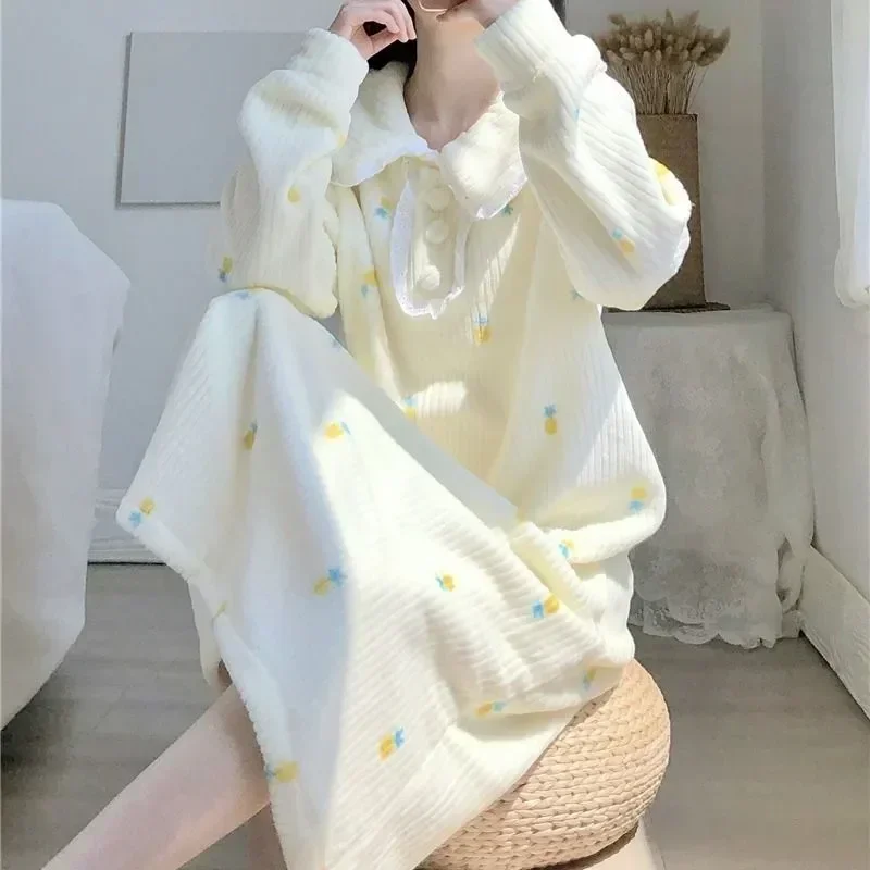 Pineapple In Home Sleepwear Piece New Pajamas Night Nightgown Fleece Dress Warm Women Nightwear Sleeve One Winter 2023 Lace Long