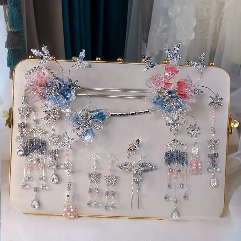 

Sweet Bridal Headwear Red Blue Step Swinging Hairpin Classical Hanfu Wedding Styling Xiuhe Costume Hair Accessories