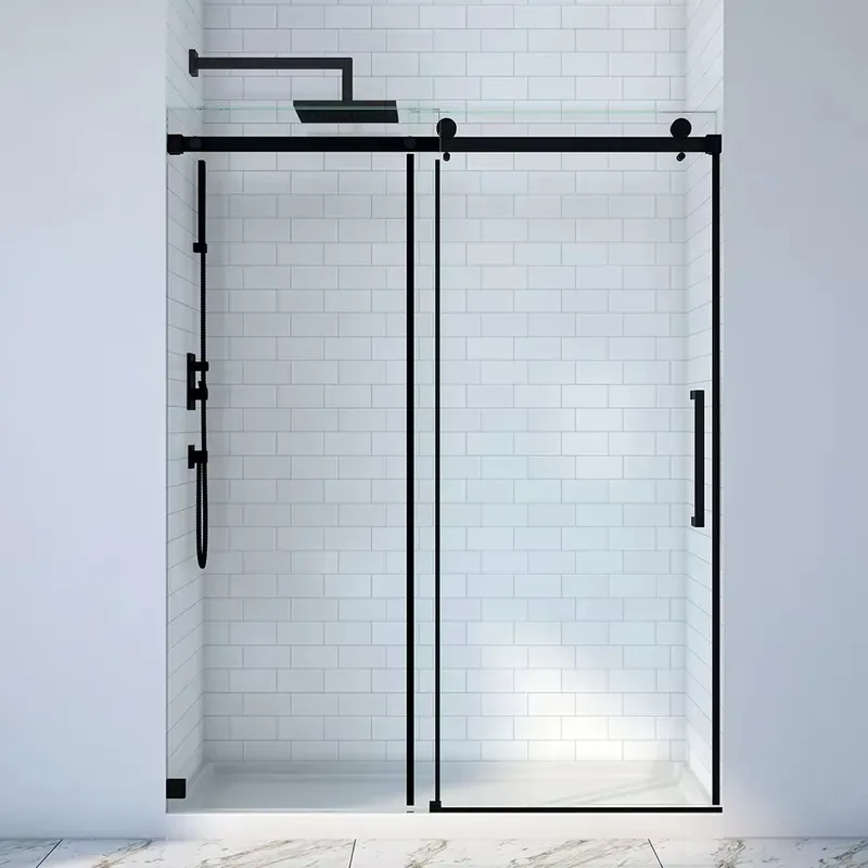 Tempered Glass Sliding Shower Door with Rollers for Bathroom