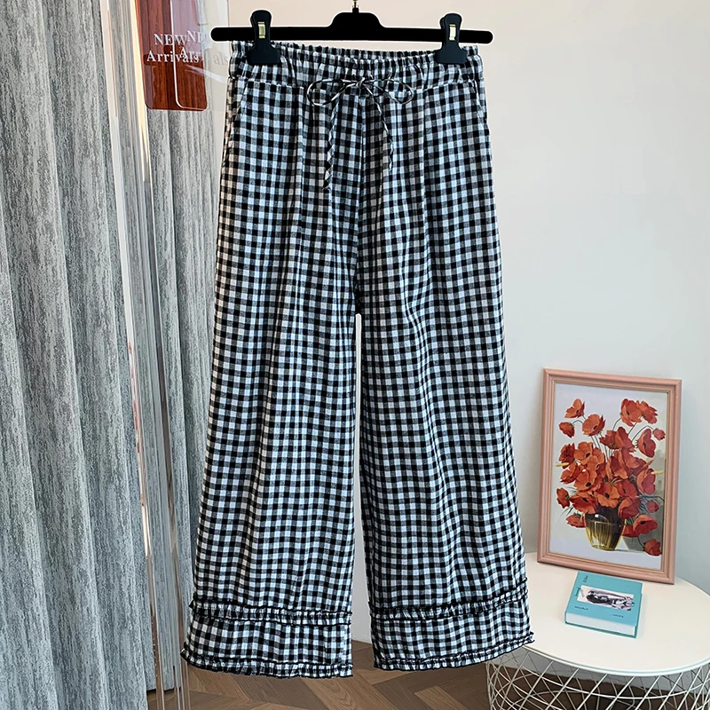 Pantaloni casual a quadretti a vita alta coreani Sle Donna Estate Nuova vita elastica Pantaloni slim dritti a gamba larga Dettaglio in pizzo Pendolarismo...
