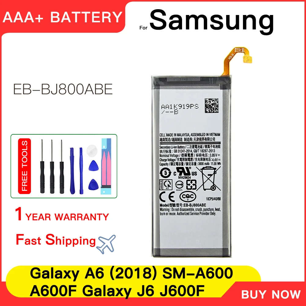 

Genuine New Battery EB-BJ800ABE 3000Mah For Samsung Galaxy A6 (2018) SM-A600 A600F J6 J 6 J600F Batteria+Tools