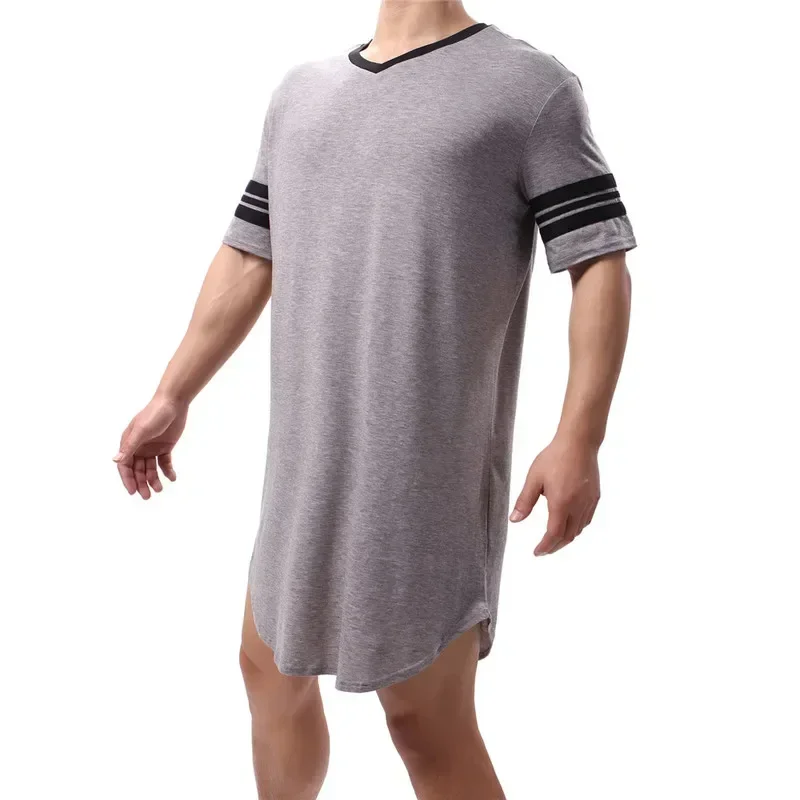 Men Patchwork Color Nightshirt Sleep Tops Short Sleeve V-neck Soft Loose Nightwear Male Casual Homewear Summer Hombre Nightdress