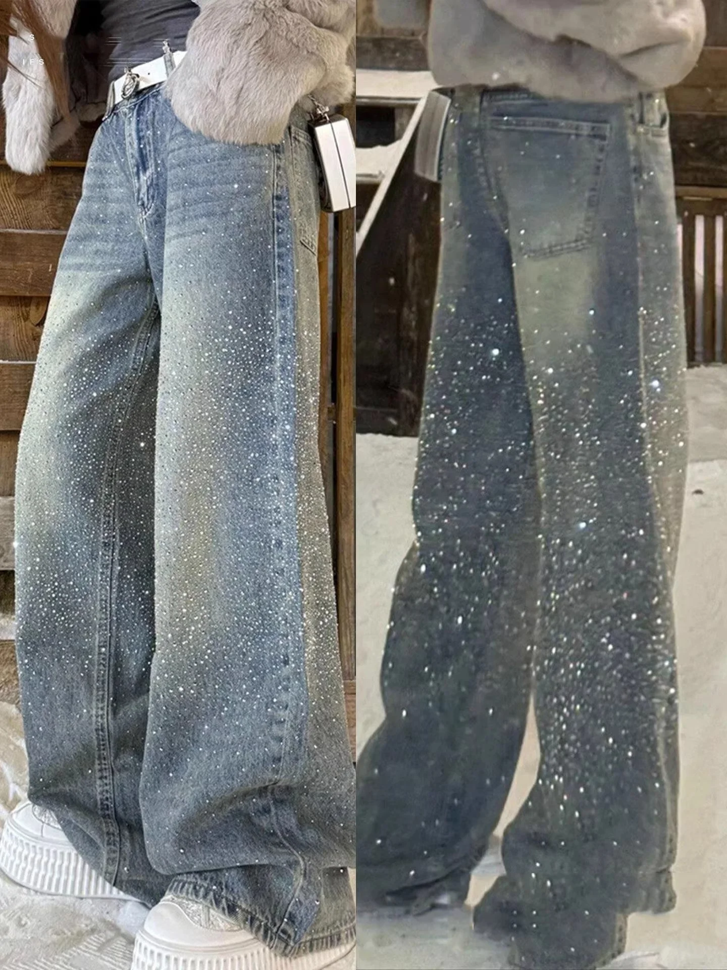 Shiny Sequin Wide Leg Denim Jeans Women's Heavy Work Spring New Style High Waist Straight Leg Pants Glittering Star River Series