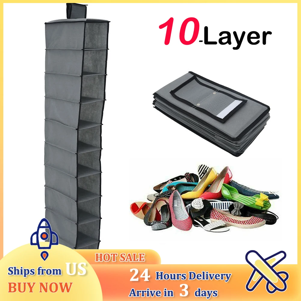 10-Layer Hanging Shoe Storage Bag Foldable Closet Multifunctional Clothes Hat Organizer Space Saving Household Shoe Rack