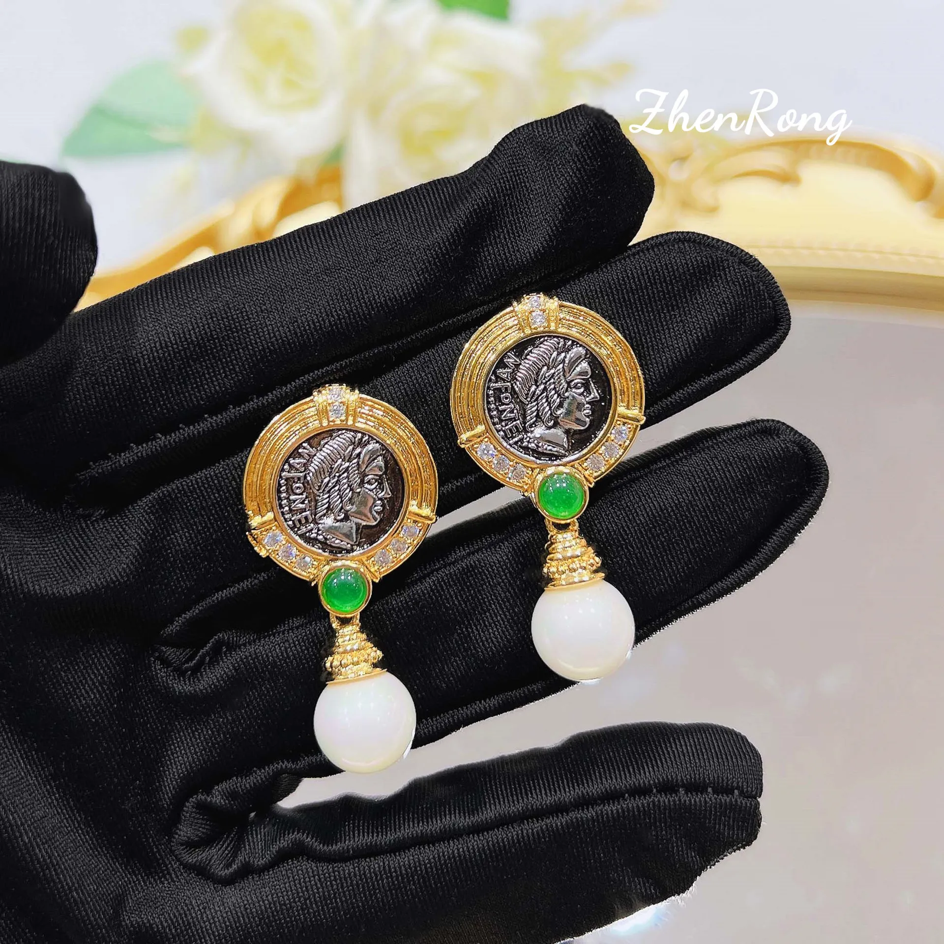 Foydjew French Style Vintage Jewelry Exquisite Relief Sun God Apollo Portrait Ancient Coins Pearl Drop Dangle Earrings For Women