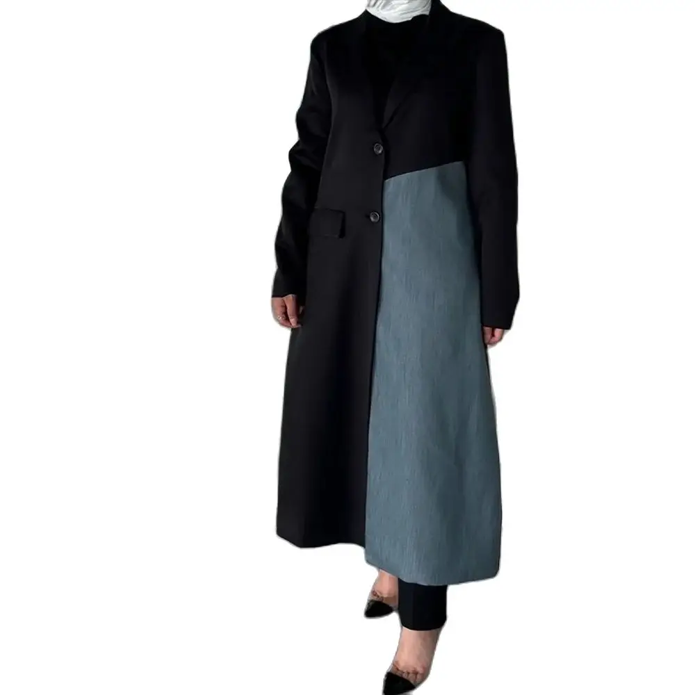 Chic Patchwork Long Women Long Jacket Fashion Single Breasted Female Daily Coat Formal Ankle Length Dress