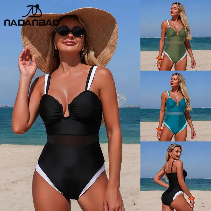 Nadanbao Summer Sleeveless One-Piece Swimsuit Ladies Stitching Mesh Swimwear Sexy Slim Elastic Bodysuit Casual Holiday Beachwear