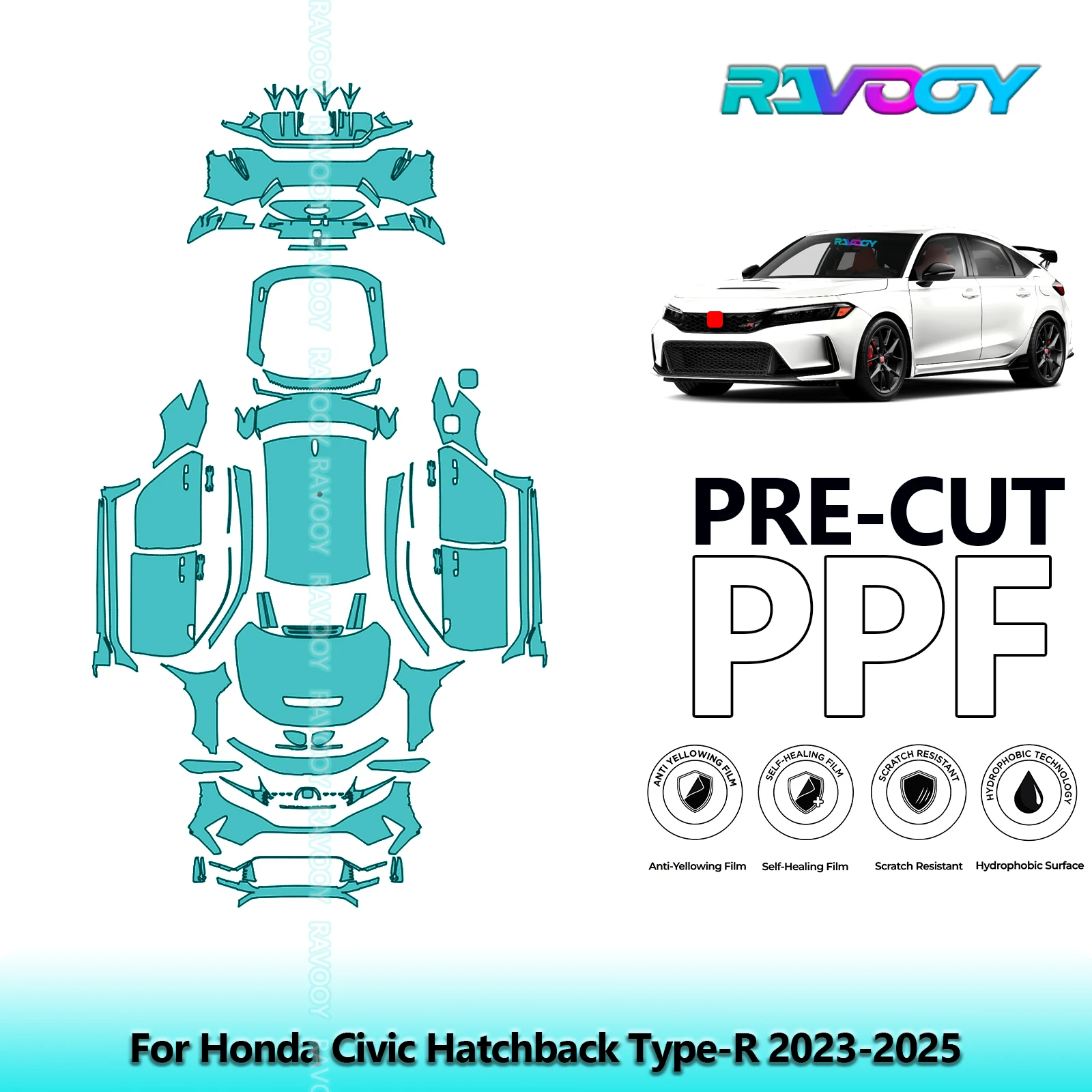 RAVOOY 8.5Mil Custom-Fit Precut TPU PPF Full Vehicle Clear Bra Stone Guard EU UK For Honda Civic Hatchback Type-R 2023-2026