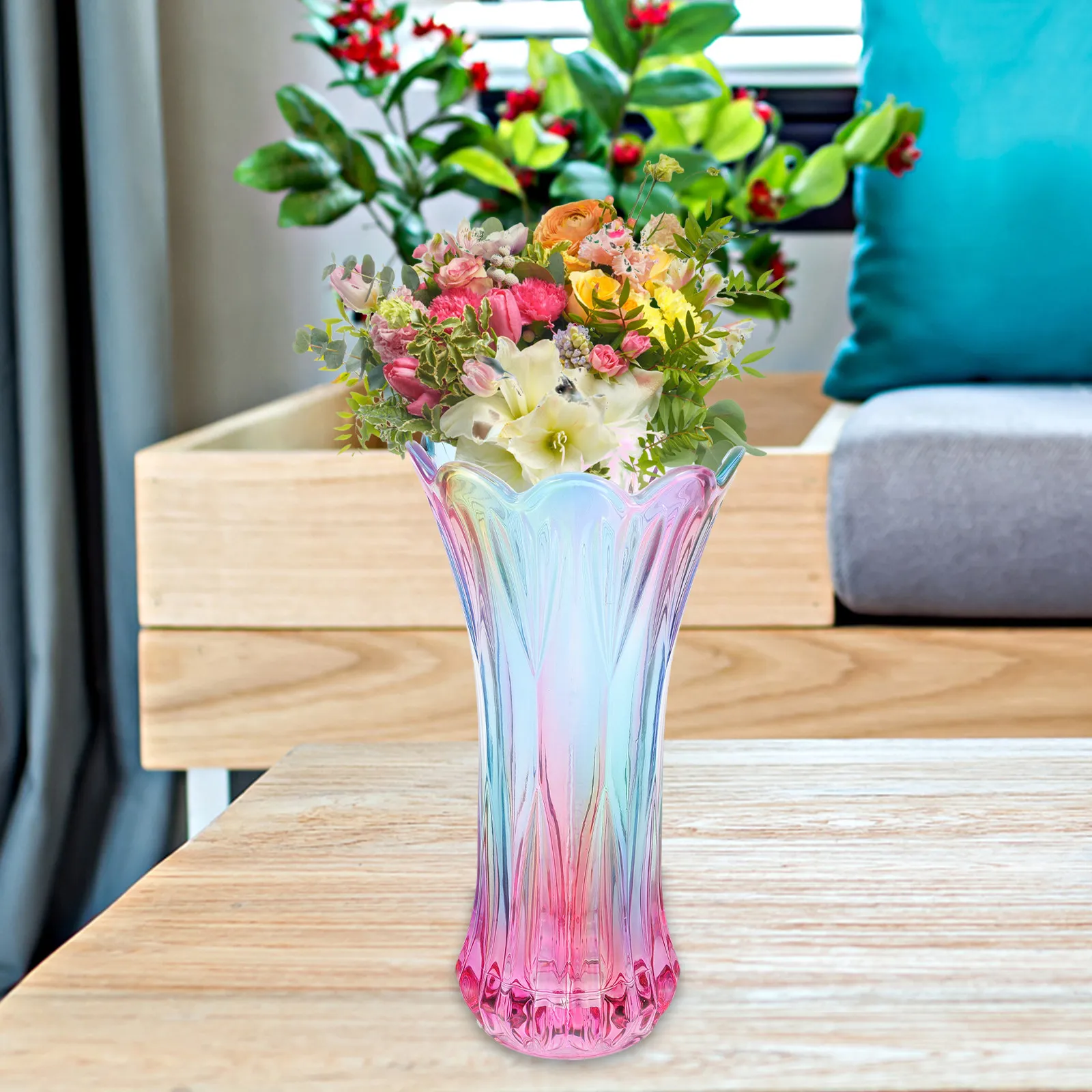 Premium Thickened Crystal Glass Vase for Flowers Elegant -Reflective Home Office Restaurant Florist Decor Pink