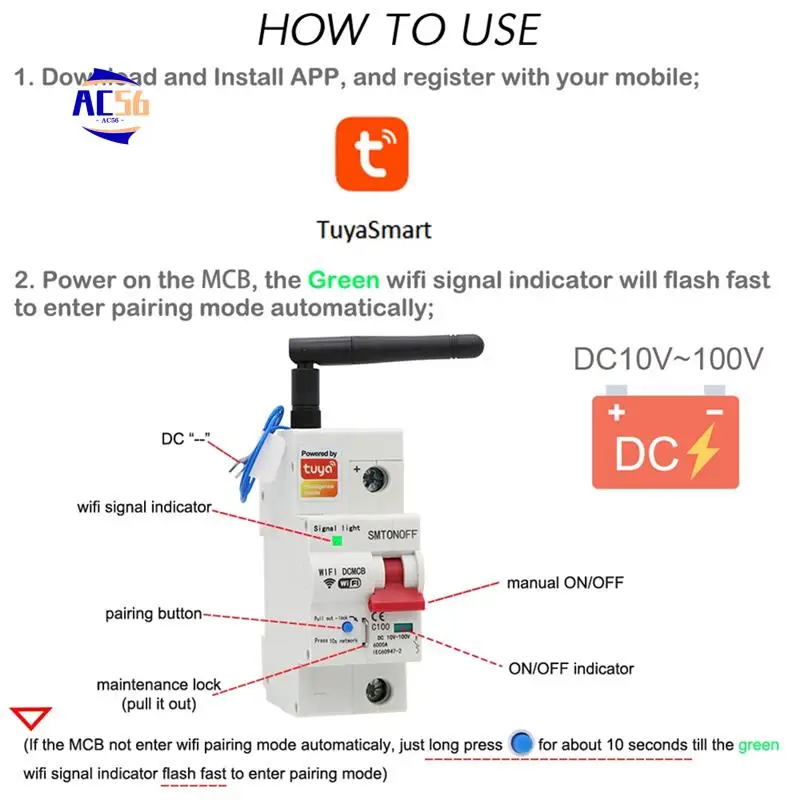 

AC56-Tuya Smart Life Wi-Fi DC умный автоматический выключатель 12 В 24 В 48 В защита от перегрузки и короткого замыкания для Alexa Google Home