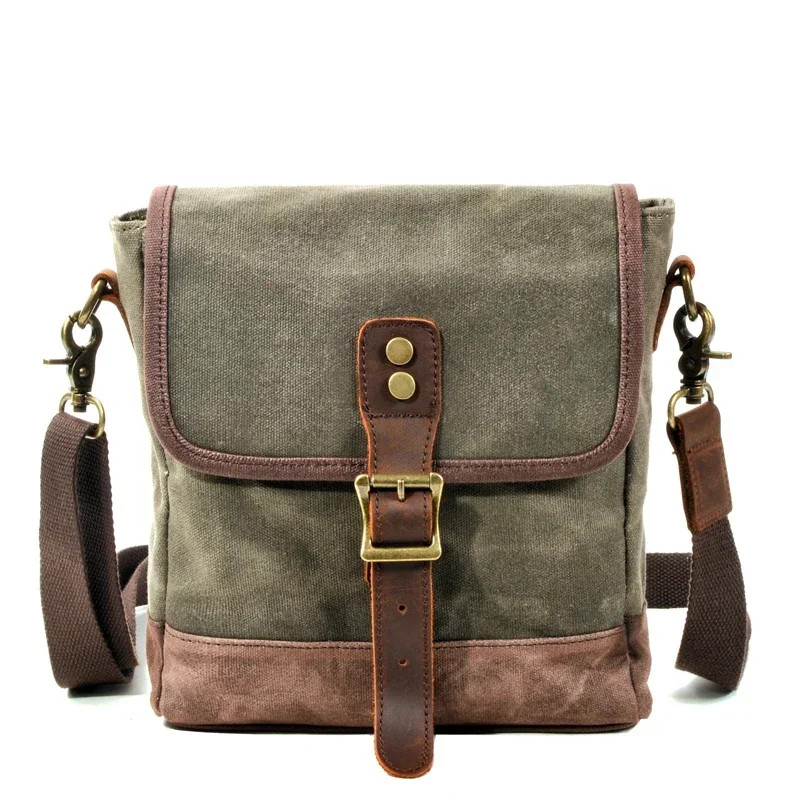 Trendy men's new crossbody bag, oil wax canvas patchwork leather shoulder bag, outdoor leisure travel small bag