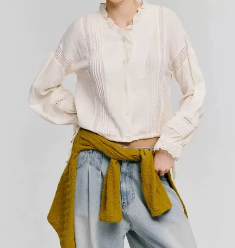 

Романтическая кружевная отделка Long Sve irt с поясом Универсальный Ele Sle из чистого хлопка Дышащий женский повседневный irt