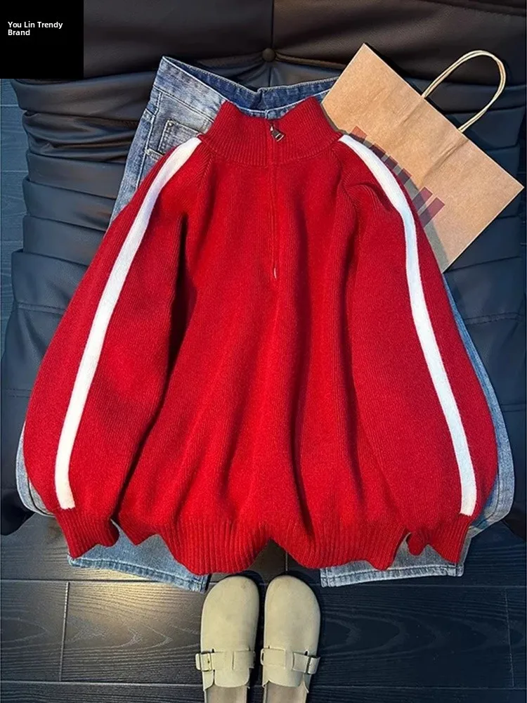 

Мужской вязаный свитер Red Fortune Year с воротником-стойкой на молнии до середины груди, зимний, на флисовой подкладке, в стиле пэчворк, в полоску, в расслабленном стиле