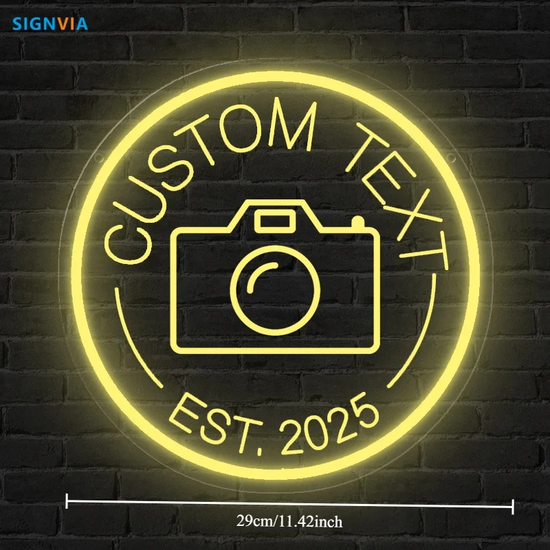 Logotipo da câmera personalizado led luz de néon alimentado por usb decoração de parede redonda para estúdio fotográfico festa iluminação comercial led sinal de negócios