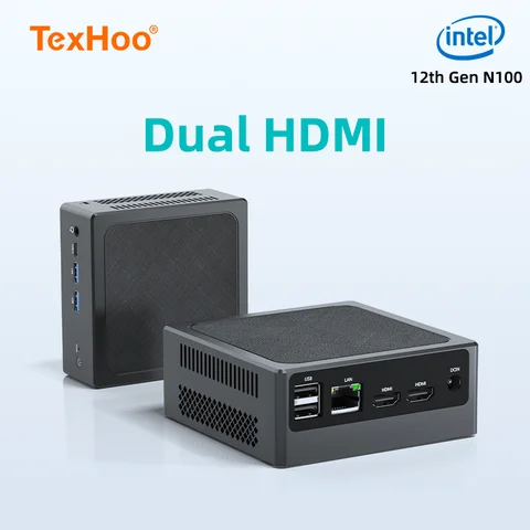 TexHoo 미니 PC Intel N100 Windows 11 Pro는 최대 16GB DDR4 2T NVME SSD USB3.2 듀얼 HDMI 데스크탑 게임용 컴퓨터를 지원합니다.