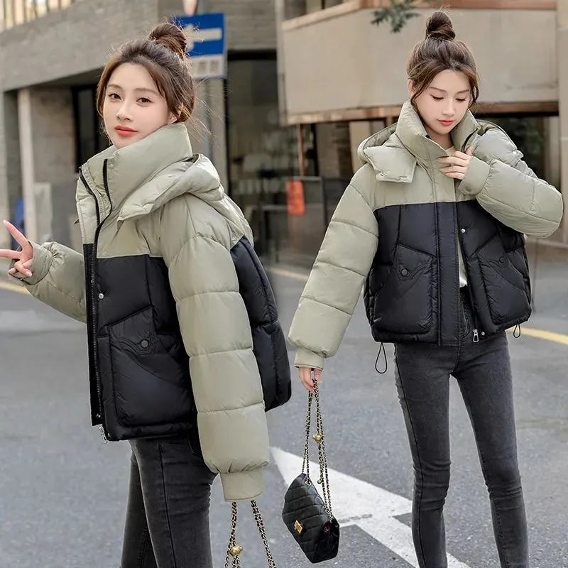 Down Jacket Women Parkas 2025Autumn Winter New Hooded Warm Cotton Padded Coat Female Fashion Contrast Outwear Bread Overcoat Top