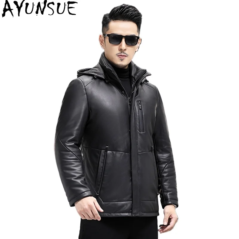 

AYUNSUE 100%Real Sheepskin Genuine Leather Jacket for Man Winter White Duck Down Coat Casual Warm Puffer Jackets Detachable Hood