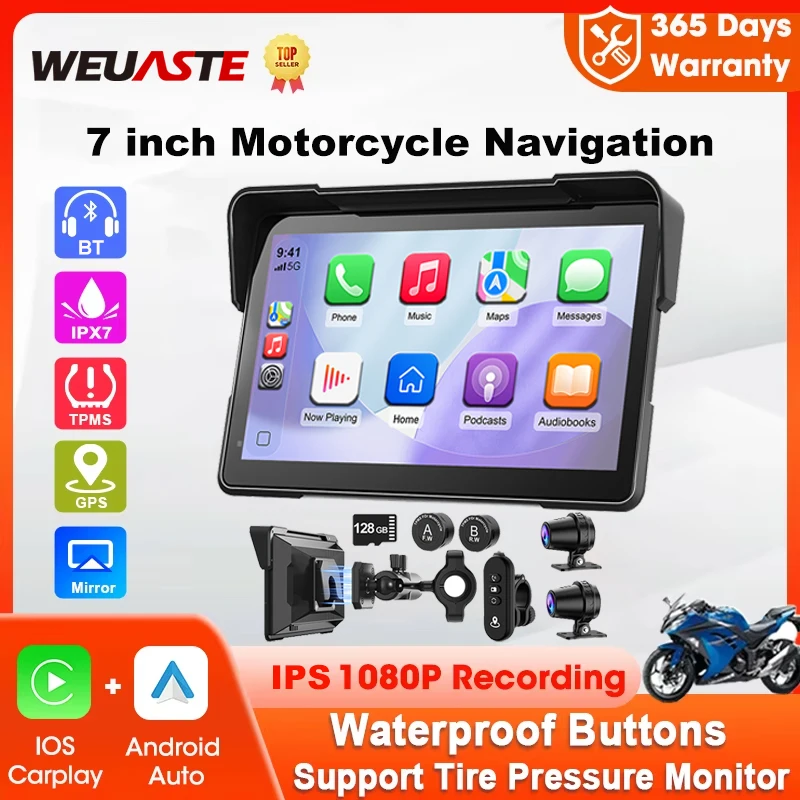 

7 inch Carplay Motorcycle DVR Navigation GPS Wireless CarPlay Android Auto Airplay Display Screen Portable Moto Monitor IPX7