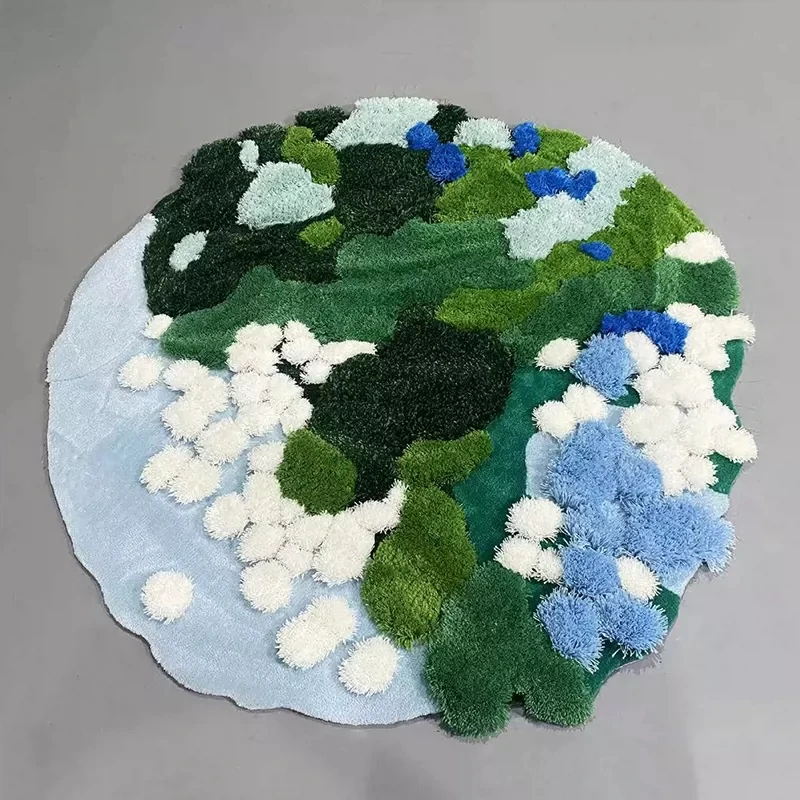 Green Blue White Handmade Wool Carpet Flocking Thick Irregular Round Thick Floor Mat Large Villa Luxury Decor Rug Bedroom Mat