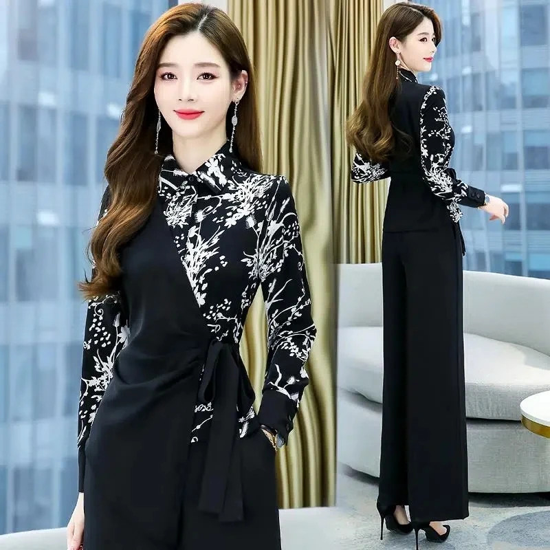 Belt Blazer Suit Female 2023 Spring Autumn Ladies Temperament Thin Wide-Leg Pants Two-Piece Suit Print Stitching Jacket Elegant