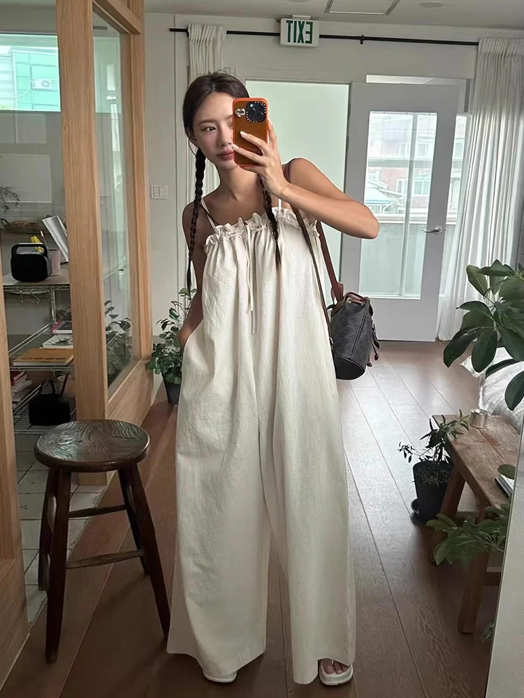 

Summer New Women's One-Piece Rer with Bow Tie Wooden for Casual Wear High Waist Wide Leg Pants Vintage Sle