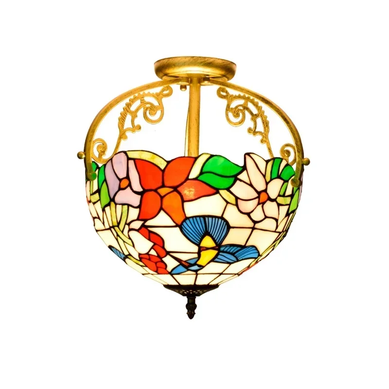 

12 Inch 30cm Tiffany Ceiling Light Fixture Hummingbirds Flowers Stained Glass Semi Flush Mount Tiffany Ceiling Lamp