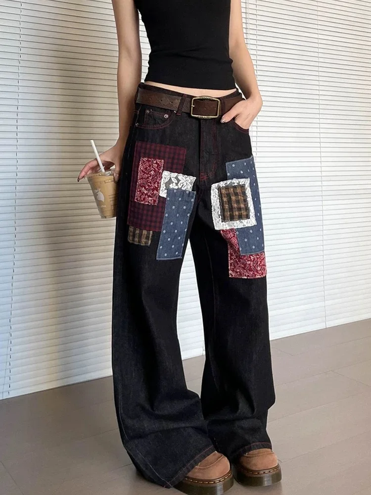 Dames zwarte gotische jeans Y2K cargo baggy broek jaren 2000 harajuku streetwear Amerikaanse esthetiek academie wijde pijpen jeans broek