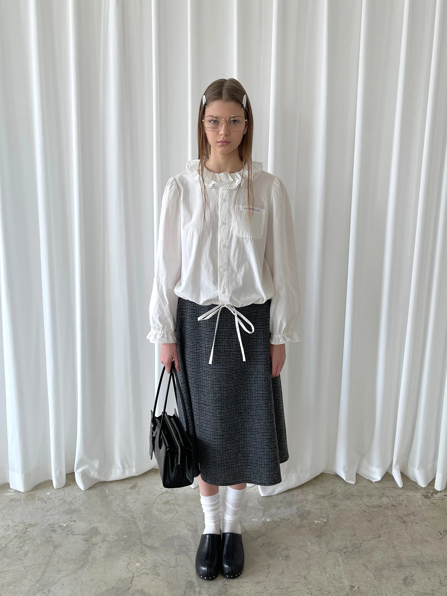 

Gray Houndstooth Wool Blend High Waist Skirt for Women Casual Style Loose Fit H-Shape Spring Season Ladies Premium Fashion