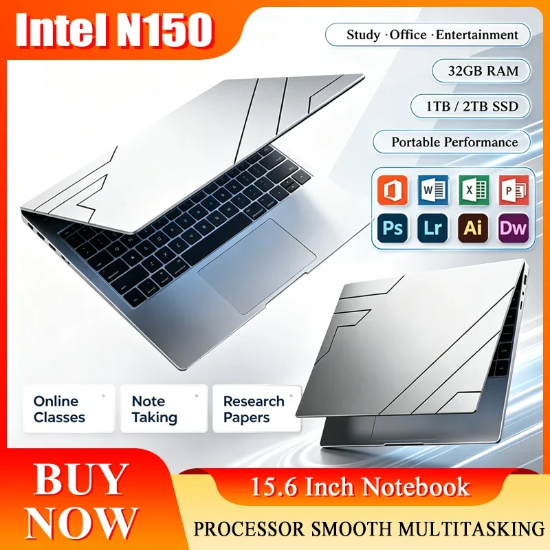 New 15.6'' Laptop Intel Core N150 32GB 2TB Gaming PC Ultra Slim Office Study Computer PC Windows 11 Pro 1920*1080 HD