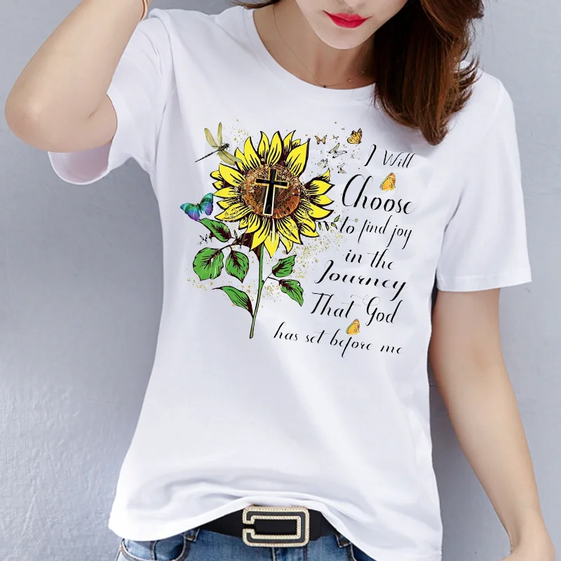 Women's Fashion Sunflower Print round Neck Short Sleeve T-shirt Graphic Top Polyester Fabric Summer Casual Wear