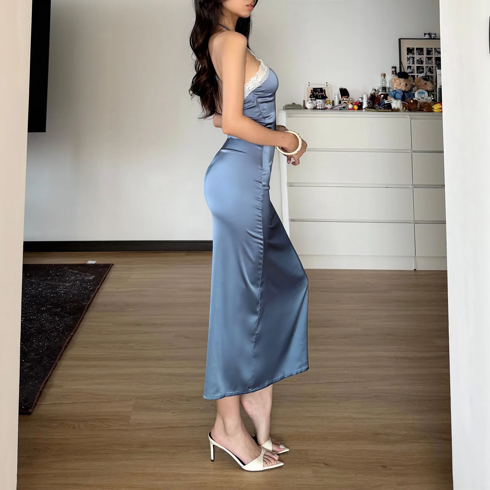 Combhasaki المرأة الدانتيل متابعة الرسن الرقبة أكمام الأزهار الدانتيل تقليم المرقعة Bodycon الحرير الساتان عارية الذراعين كامي زلة فستان طويل #5