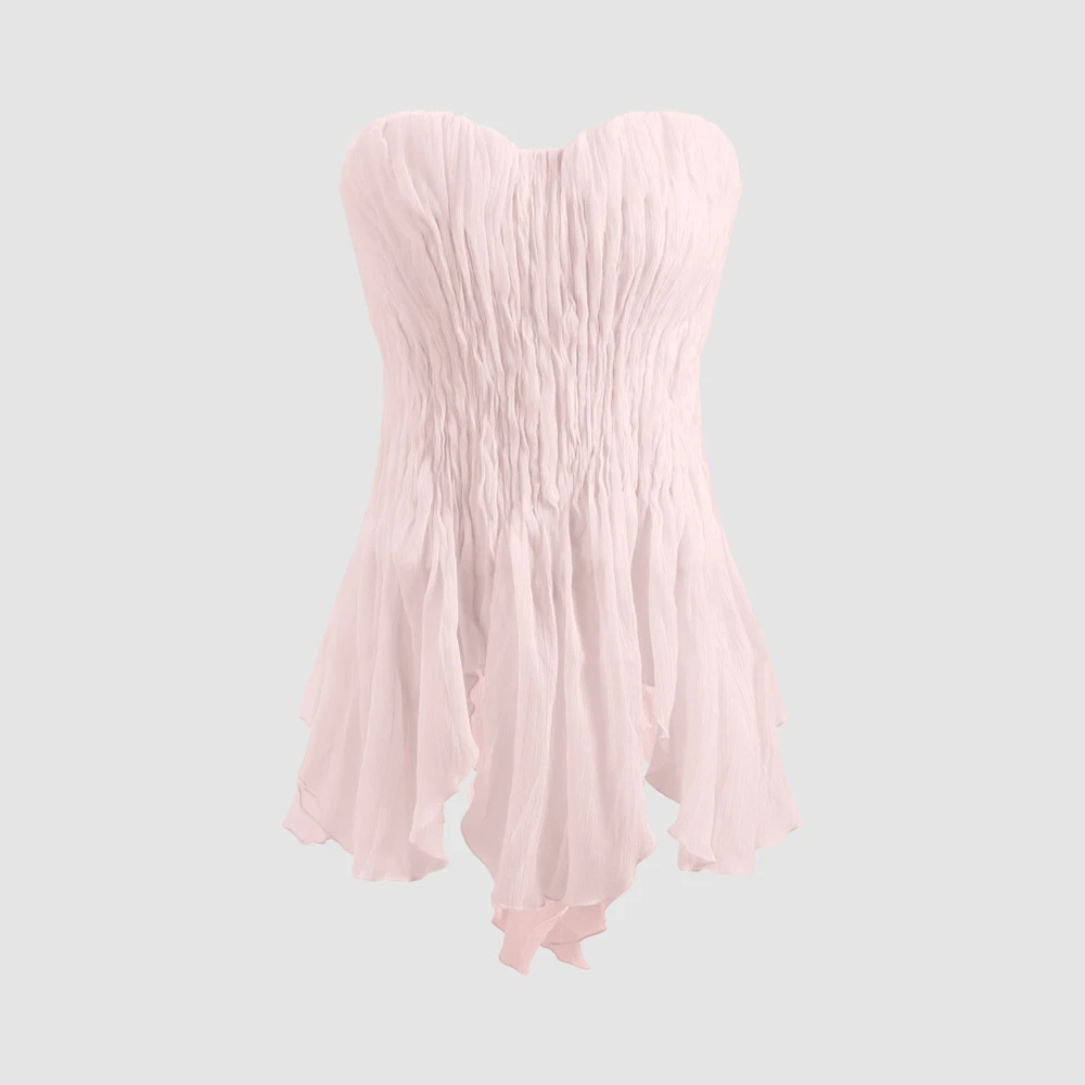 

Women Pink Strapless Tube Top Ruched Chiffon Asymmetrical Ruffle Hem Back Zip Fairycore Y2K Summer Bustier Blouse Party Clubwear
