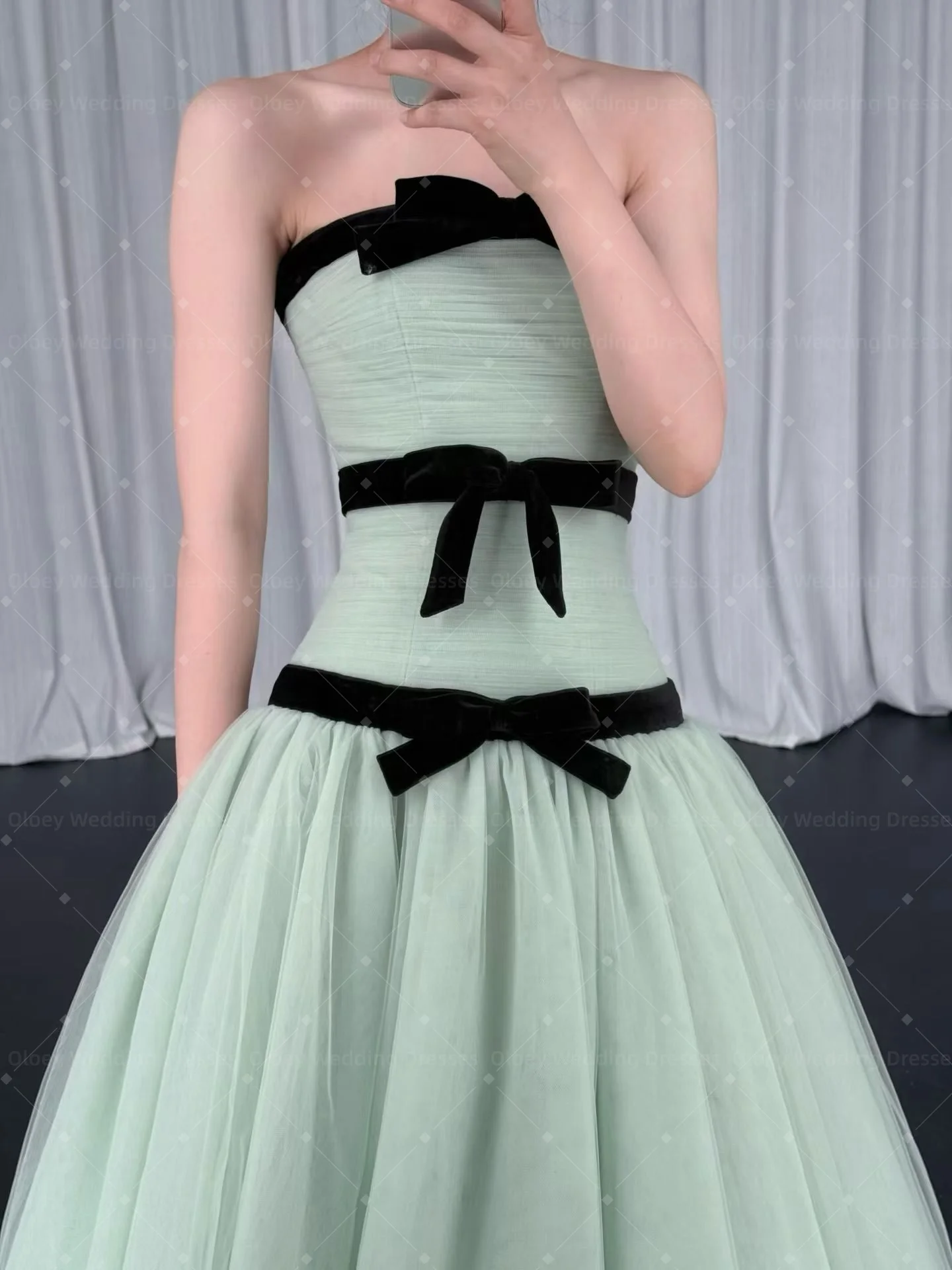 OLOEY Elegant Korea Wedding Dress Photo Shoot Prom Dress with Bow Detail Princess Style Mid-Waist Long Skirt for Wedding 웨딩드레스