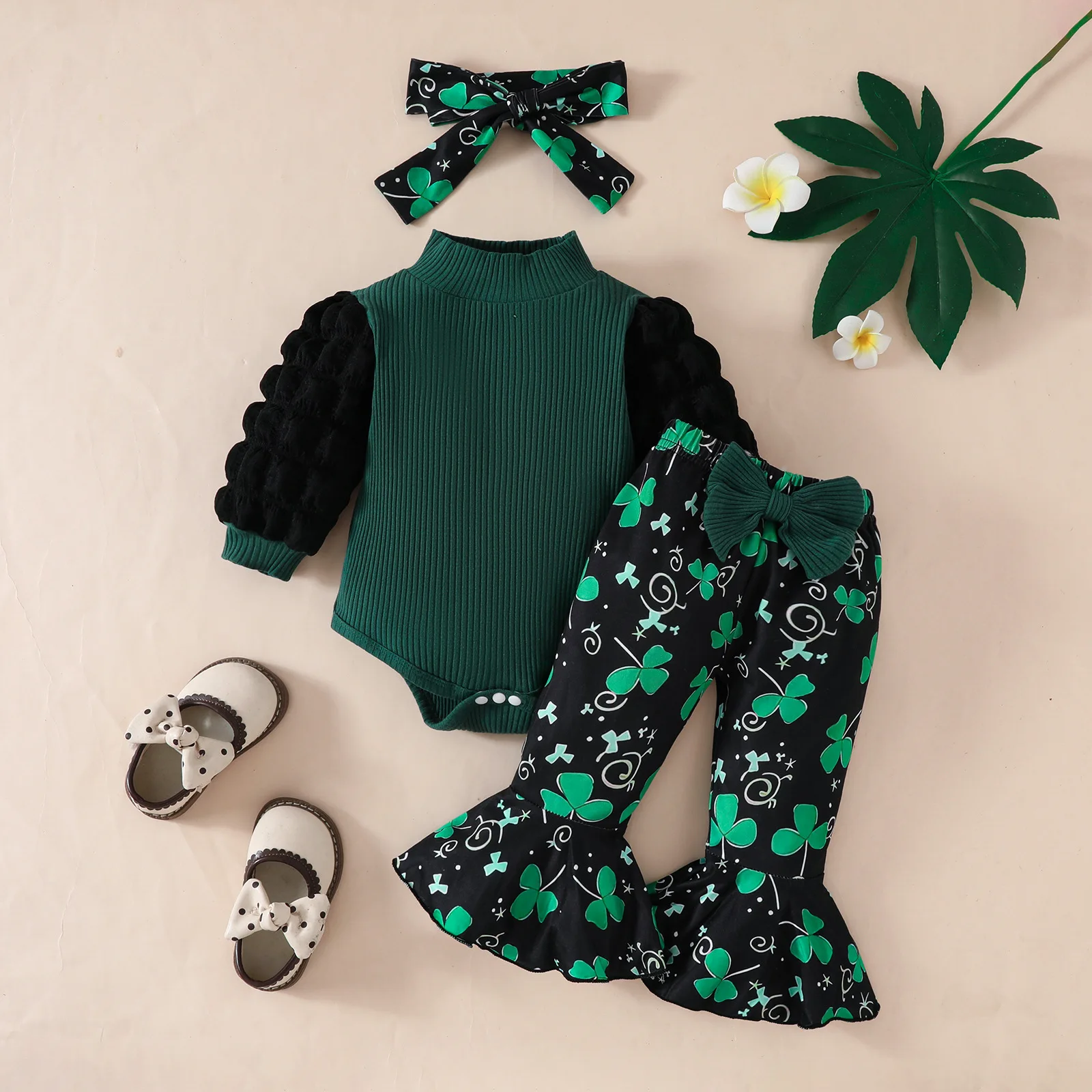 

St. Patrick's Day Baby Clothes Set 0-18M Newborn Outfit Infant Girls Bodysuit+Clover Printed Bell-bottoms Pants+Headband 3Pcs