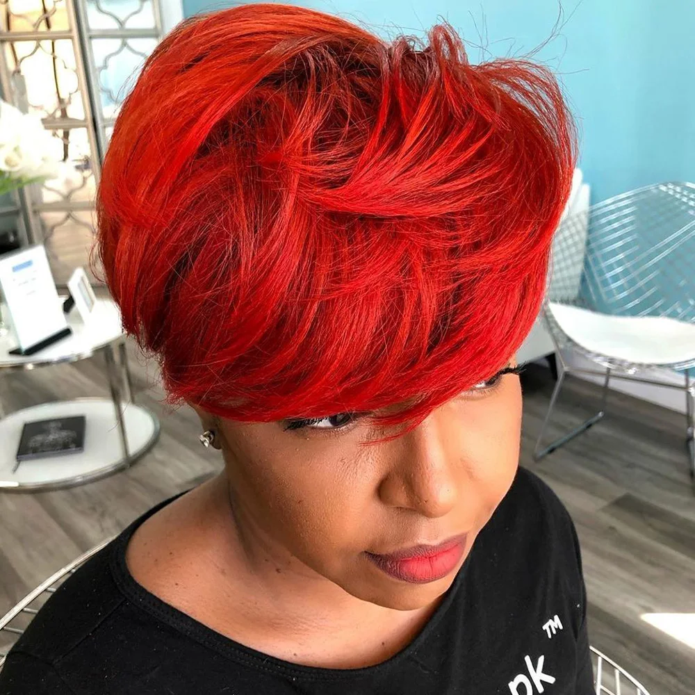باروكات شعر بشري قصيرة بقص عابث، طبقات مجعدة مع غرة، شعر برازيلي أحمر اللون، شعر مستعار قصير مصنوع آليًا بالكامل للنساء #3