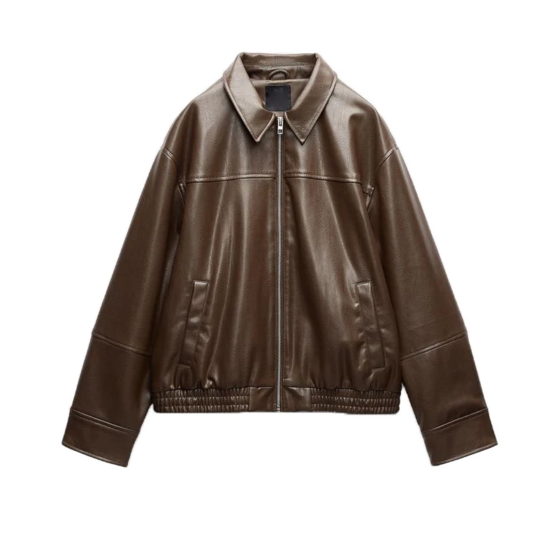 Frühling Neue Faionable Pilots Jaet frauen Leder Mantel PU Material Lange Sve Zipper Design Pendeln Sle Lose Fit