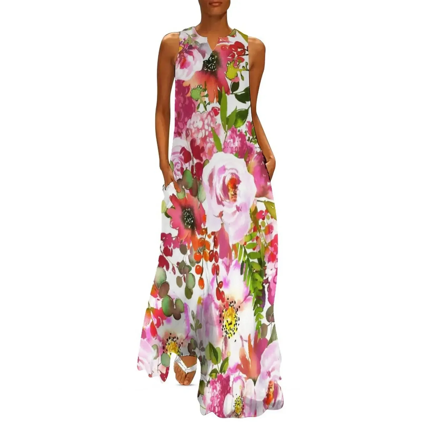 

Pink lilac orange watercolor botanical roses floral Long Dress dresses korean style Beachwear prom dress 2025 Long dress