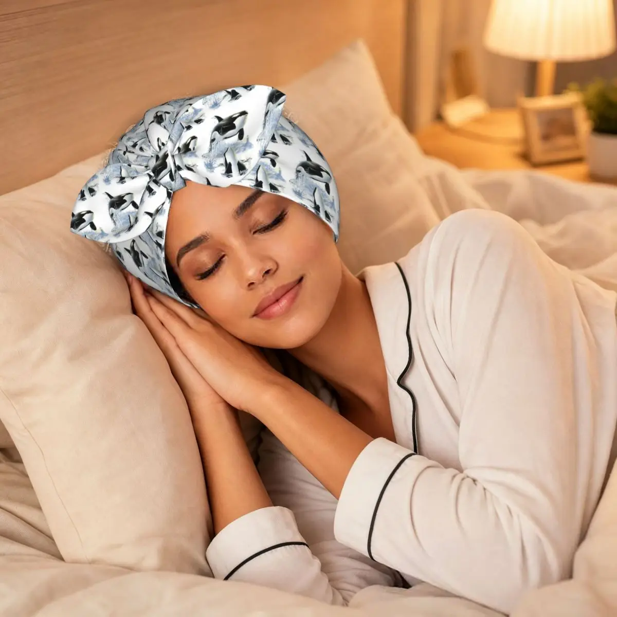 Orca Killer Whale Flies Or Jumps Oves The Ocean Sleep Bonnet Double Layer with Adjustable Bow Hair Cap for Curly Braids Hair