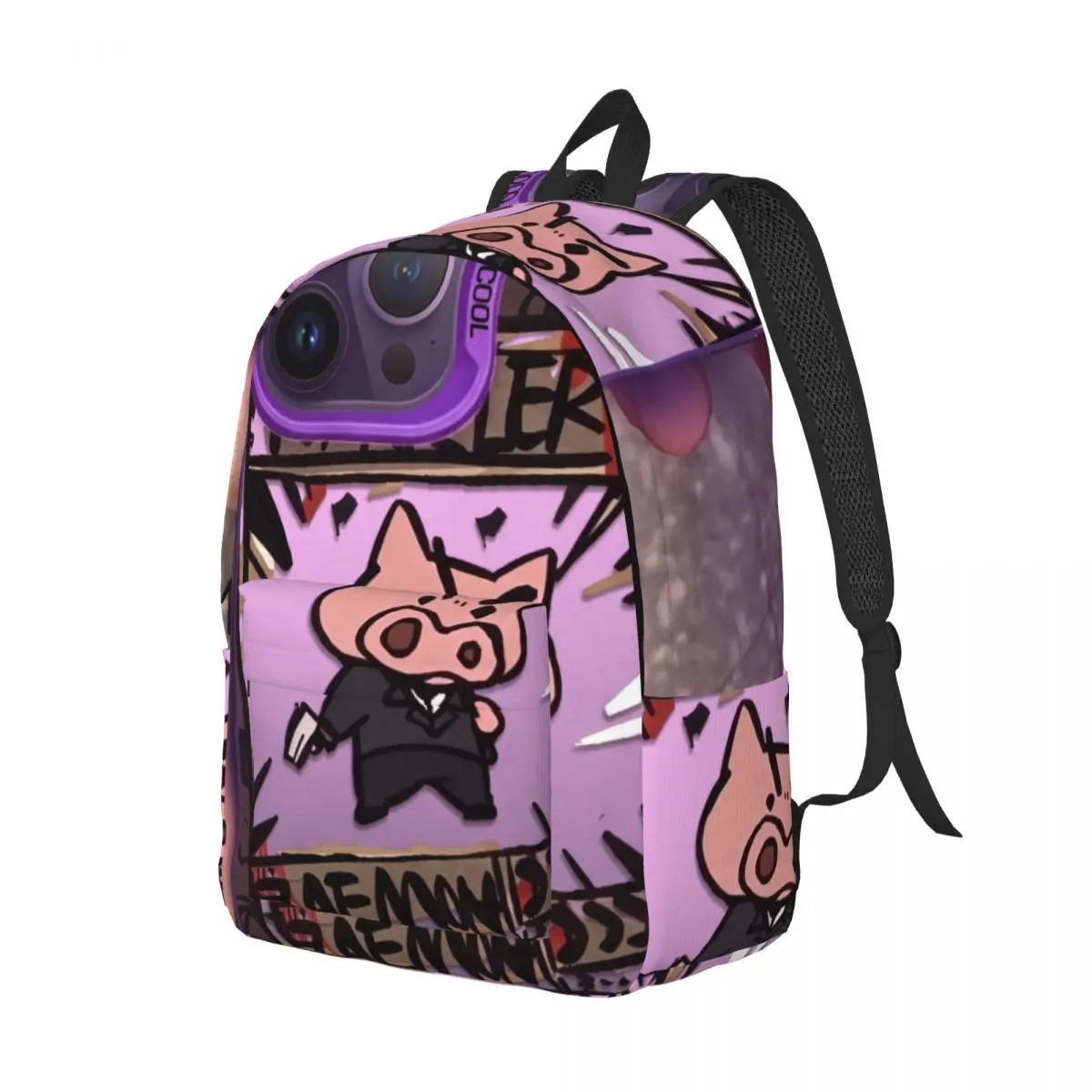 Pastel School Backpack Center Pig Suit Whimsical Illustration Deep Purple Pink Black White Fashion Daypack for College Travel
