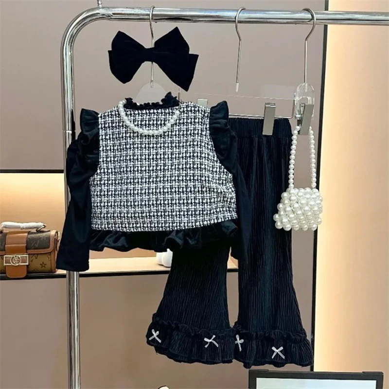 Girls Clothing Sets New Spring Autumn Kids Baby Girl 3pcs Clothes Suit Children Vintage Black Plaid Clothes Outfits 2-8Y